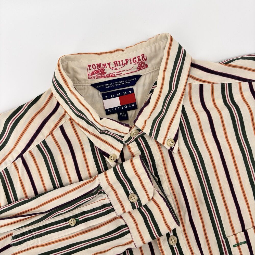 Vintage Tommy Hilfiger Men's M Multicolor Striped Shirt Crest 100% Cotton